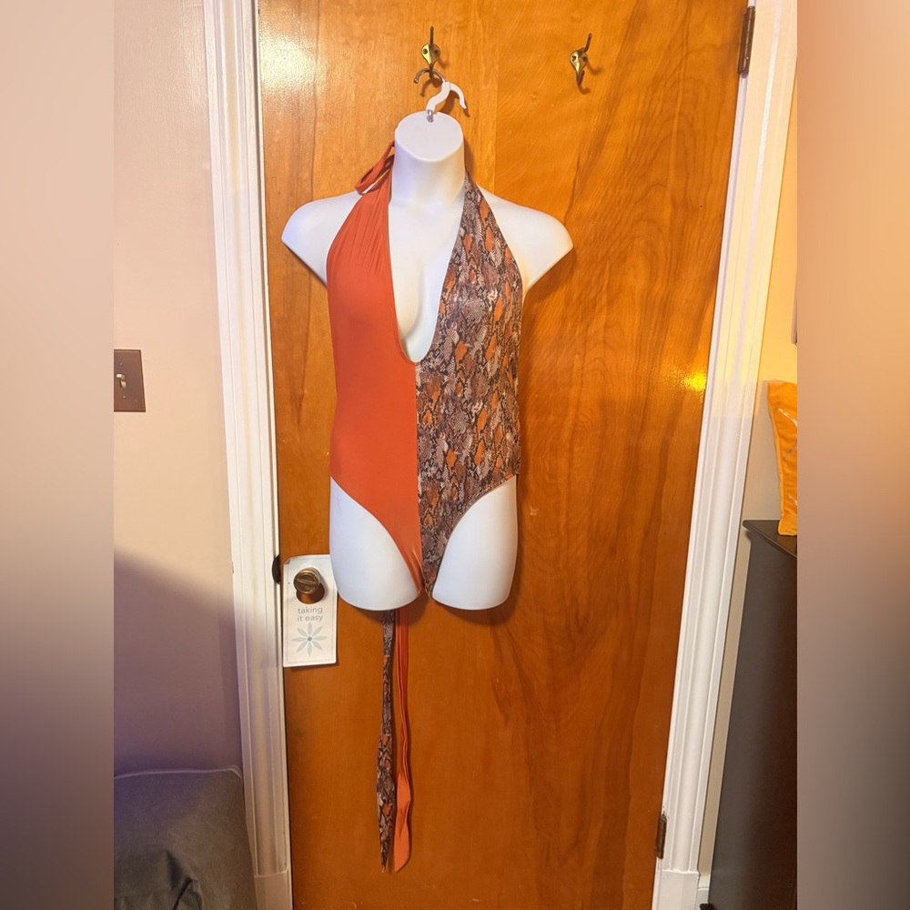 SHEIN Orange and Brown One Piece Swimsuit
